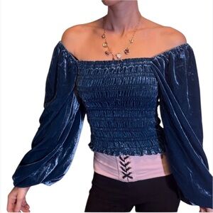Urban Outfitters Velvet Off-Shoulder Blouse in Rich Blue